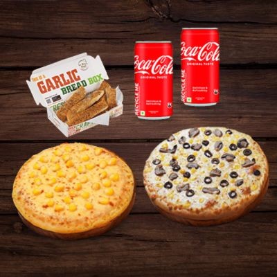 Corn Cheese Pizza + 2 Aloo Tikki Cheese Burger + Coke 2